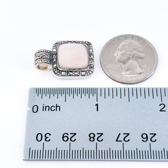 Vintage Sterling Silver 925 Marcasite Mother of Pearl Square Pendant - Picture 7 of 7